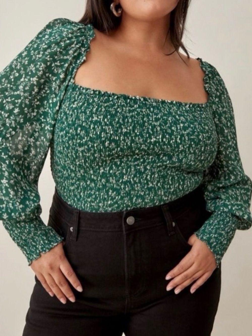 Reformation Green White Floral Ditsy Print Pinto Smocked Top Plus Size 1X